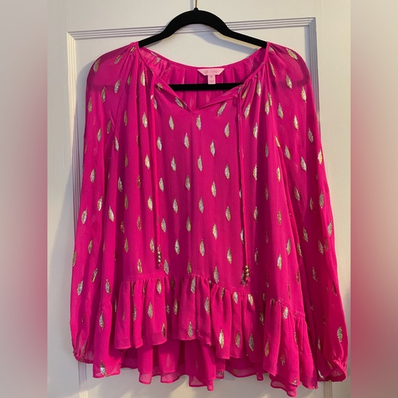 Lilly Pulitzer hot pink blouse with metallic gold embellishment - Picture 3 of 5